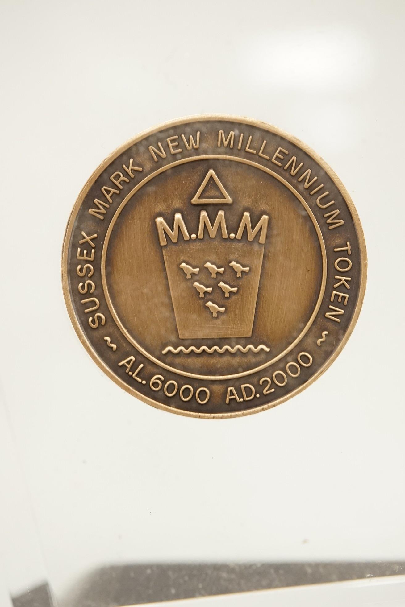 Masonic collectables including three paperweights, a cigarette box and two ribboned medals